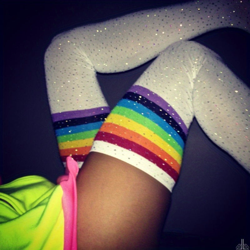 Sexy Cute Crystal Hot Diamond Knee Socks, Three-bar Striped Long Thigh-high Socks, Sparkling Party Stockings, Light Beige-friendly and Durable, Fashionable Leg Decoration Clothing, Suitable for Parties, Dates, Christmas, Hall