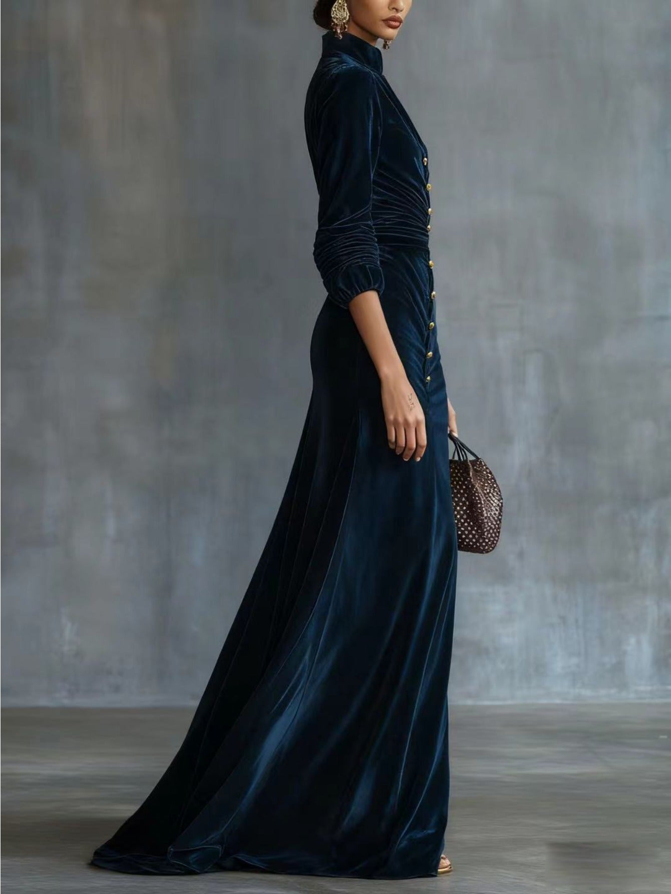 Navy Velvet Stand Collar Waist-Defining Dress for Women | Golden Buttons + Fishtail Hem, Perfect for Evening Parties and Glamorous Social Occasions