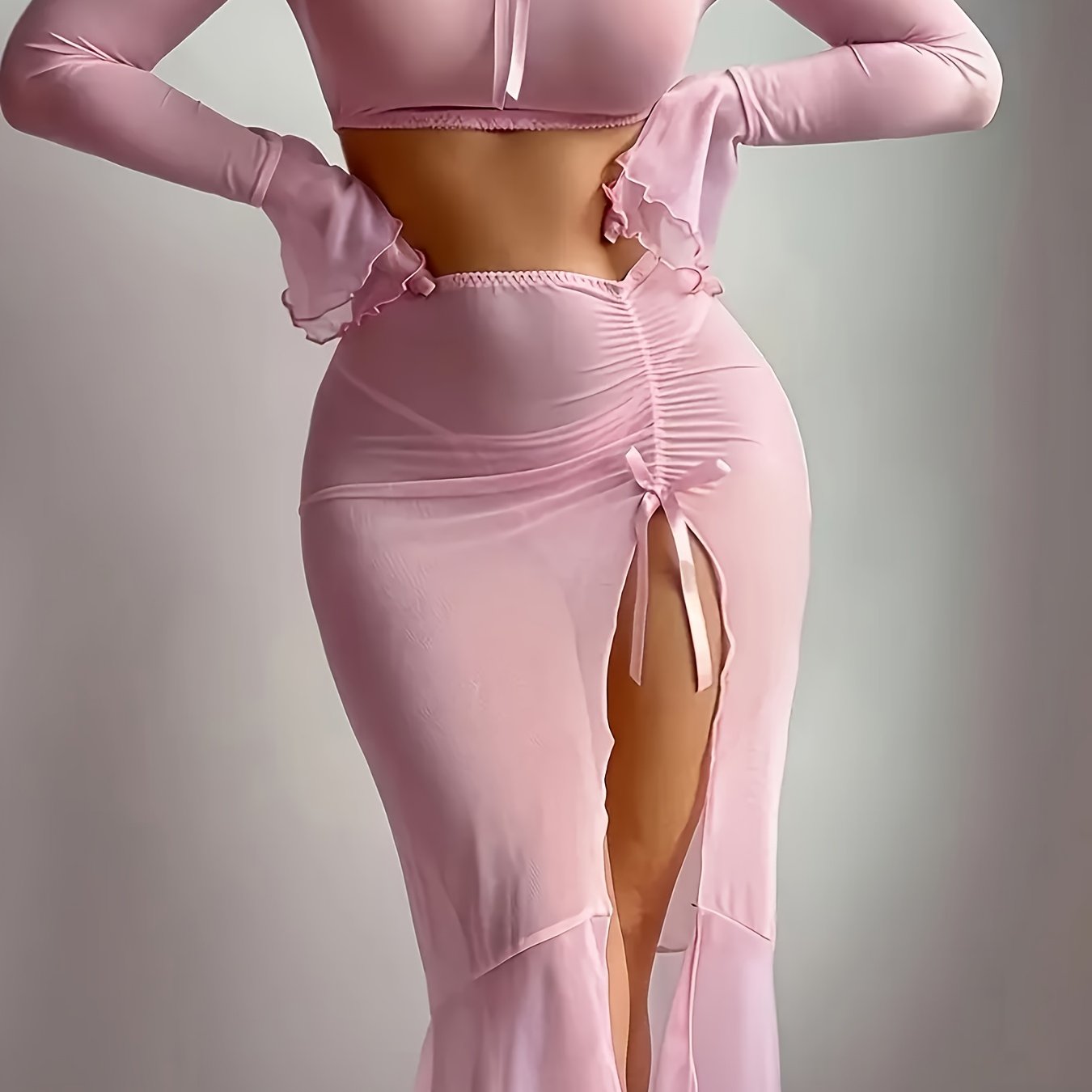 Sexy Pink Lingerie Set with V-Neck, High Slit, Pleated Design, Ruffled Lace Straps - Enchanting Net-Sheer Fantasy Nightgown for Women, All-Season Wear, Allseason Lingerie|Ruffled Lace Straps|Pleated Design, Lingerie Sets