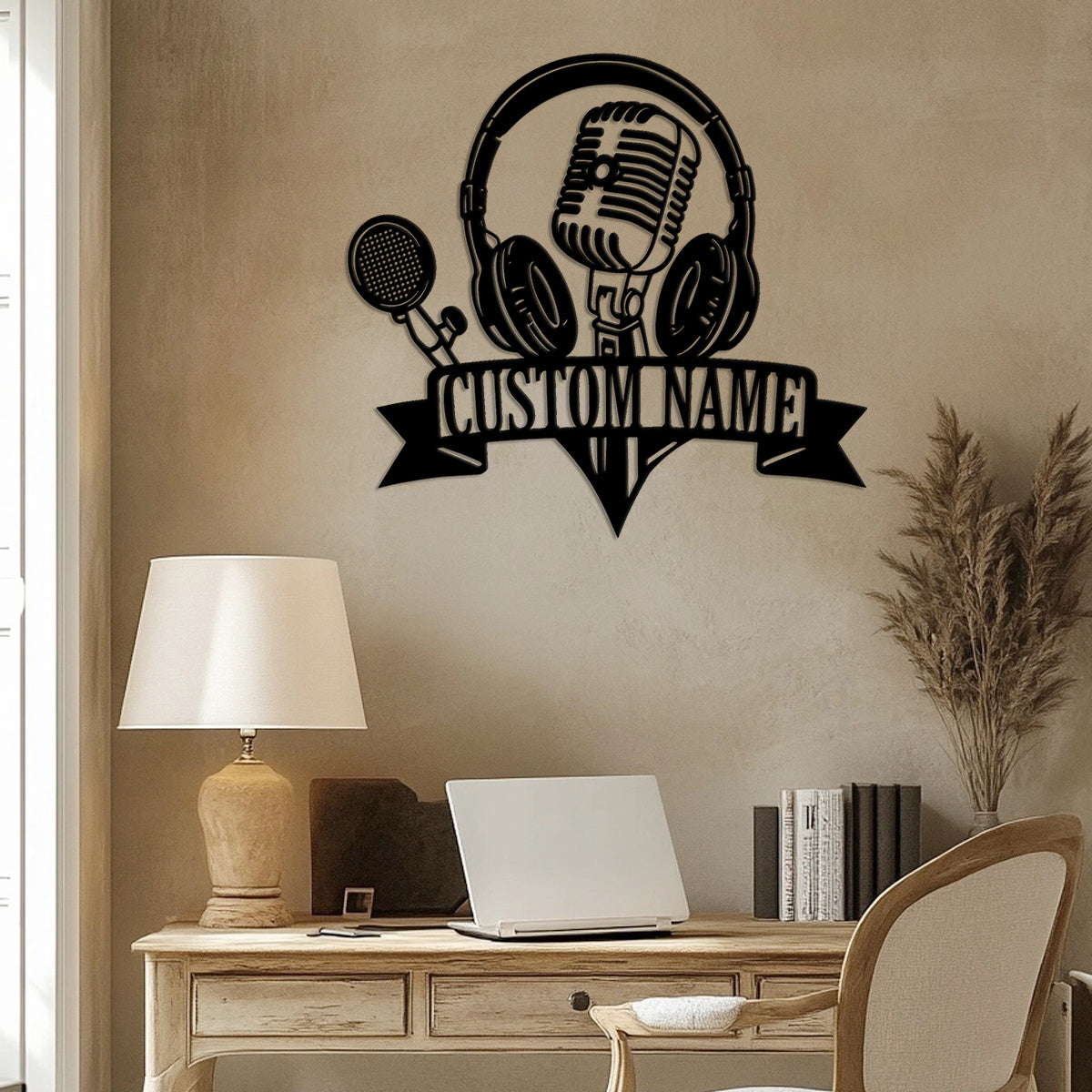 2D Flat, 1pc Customizable Metal Sign with Headphones & Microphone Silhouette Wall Art - Personalized Name Banner, Durable Iron Wall Decor for Home Studio, Living Room, Outdoor Patio - Music-Themed Decorative Accent, Metal Wal