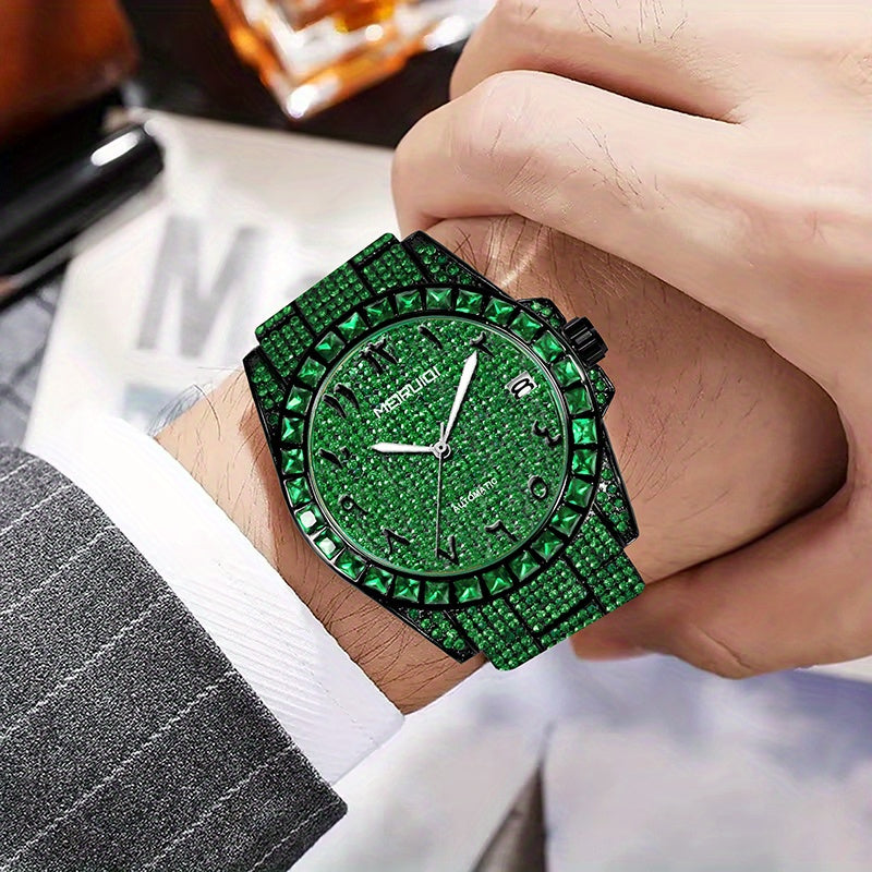 1pc Men's Luxury Green Tourbillon Mechanical Watch with Automatic Movement, 4-Hand Display (Hour/Minute/Second/Chronograph) - -Green Dial, Golden Hands & Black Bezel, Steel Band, Calendar, Mechanical Tourbillon Mechanism, No
