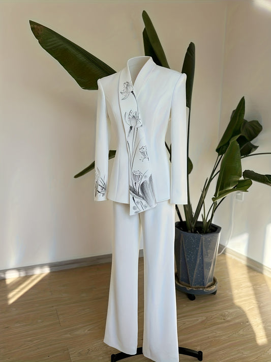 Spring/Autumn Women'S for Print Suit Set Office Fashion Long Sleeve Lapel Jacket Casual Straight Leg Pants, Spring Fashion, Elegant Style, Stylish Suit, Highquality Fabric, Women'S Suit, Professional Women