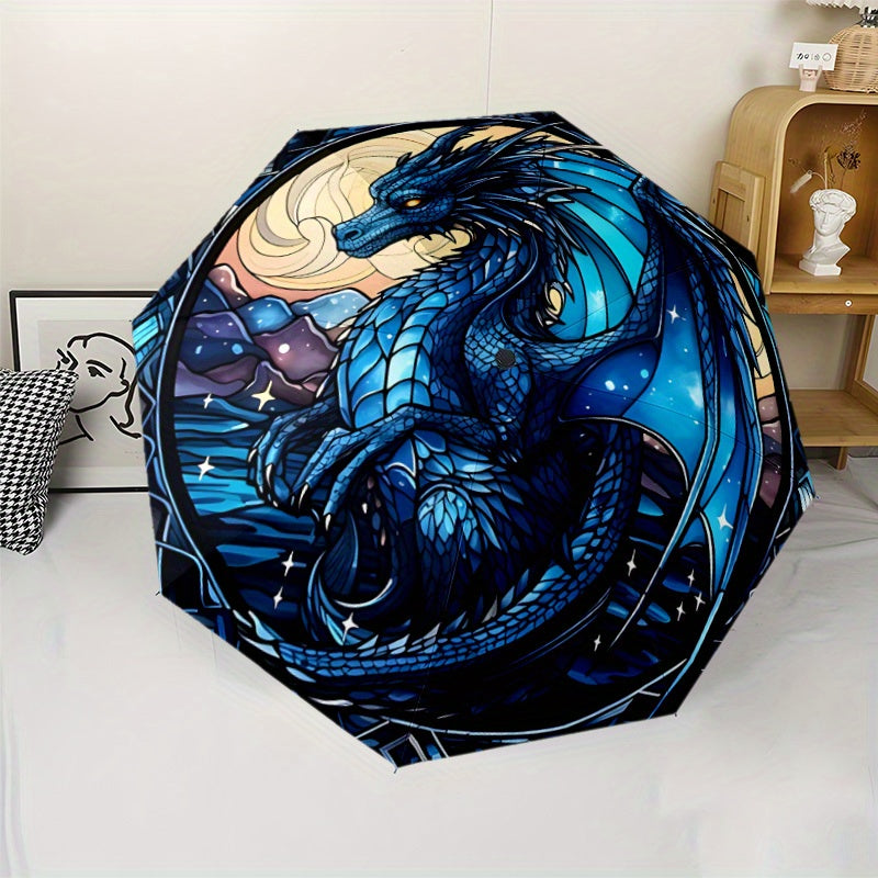 Automatic Open/Close Umbrella with One-Touch Button - Compact Folding Umbrella, Windproof 8-Rib Shaft, Auto Open Close, Portable for Travel, Commute, Everyday - Elegant Blue Dragon Design in Deep Blue & Golden Accents - All-S
