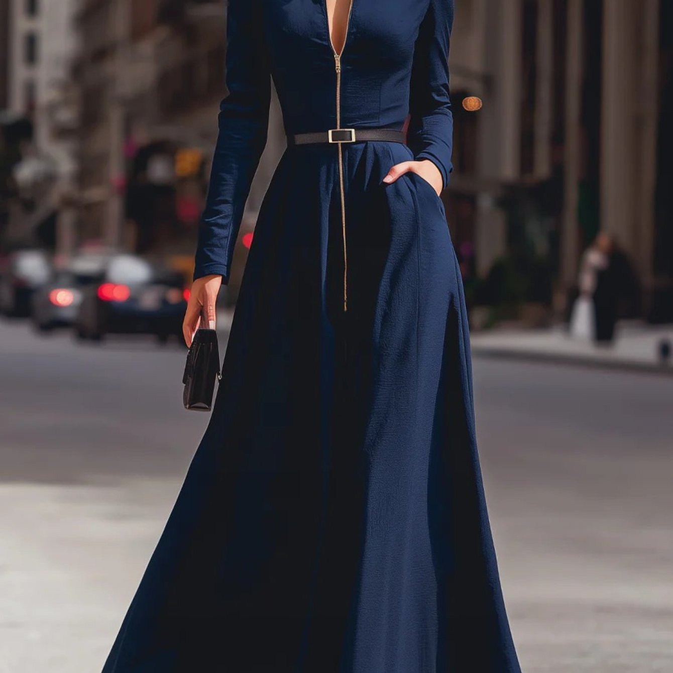 Elegant Women's Dress with a Lapel, Long Skirt, Long Sleeves, Zipper Details, Advanced Tailoring, Waist Cinching,, Flared Design, Fashionable, Elegant, Full of Aura, Queen-like Style, Suitable for Autumn Dates, Parties, Dinne