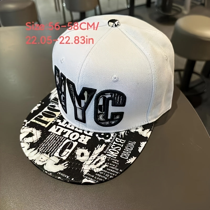 Unisex Flat Brim Snapback Baseball Cap | Black and White New York Pattern Print, 100% Acrylic Breathable Hip-Hop Hat, Adjustable Fit, Suitable for Casual Outdoor Sports, Parties, and Urban Streetwear
