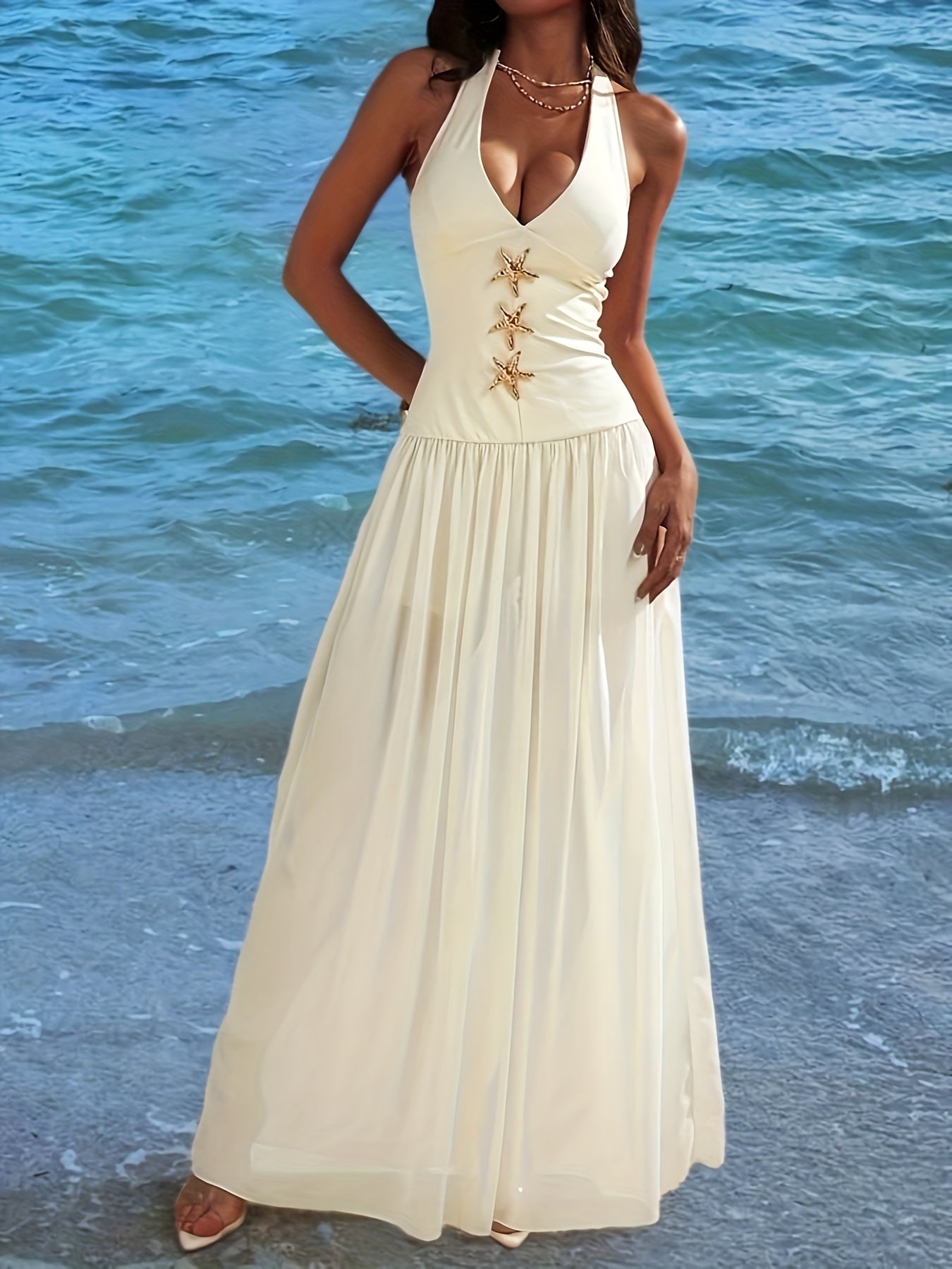 Women's Floor-Length White Sleeveless A-Line Maxi Dress with & A-Line Hem - Floor-Length Beach Dress with Layered Hem & Beltless Design, Machine Washable - Elegant Floor-Length Party Wedding Guest Dress, Structured Fit for Wo