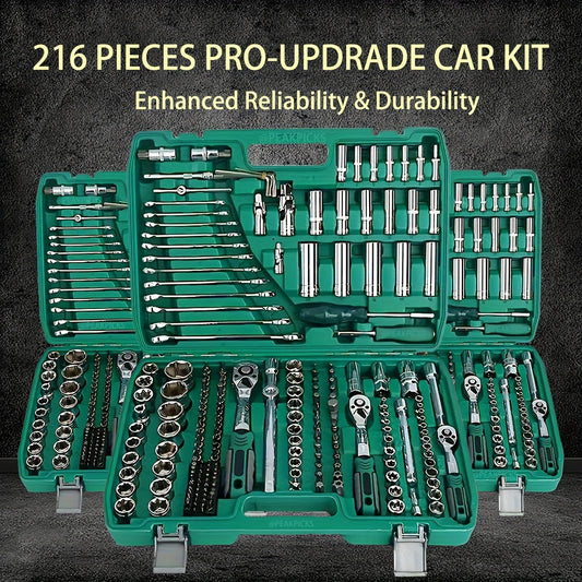 High End Professional 998+1/215+1/50+3/53+12pcs Tool Set, 1/4 "3/8" 1/2 "drive Depth And Standard Socket, S2 And CR-V Socket, Bicycle Repair Tool Set - Quick Ratchet Wrench And Other Car Repair Accessories, Professional Racin