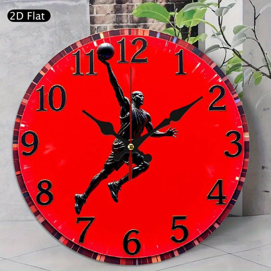 Modern Round Wall Clock - Red Minimalist Silent Non-Ticking Wooden Frame, Basketball Player Dunk Design, AA Battery-Powered (Not Included) - for Living Room, Bedroom, Office, Sports Decor - Ideal Housewarming Gift for Sports