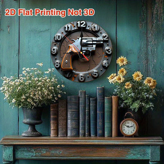 1pc Vintage Gun Shadow Box Wall Clock - Non-Ticking Silent Quartz Movement, Retro revolver graphic in, Antique look for Living Room, Home Office, for Man Cave - Halloween & Christmas Decor - Battery-Powered (AA Not Included)