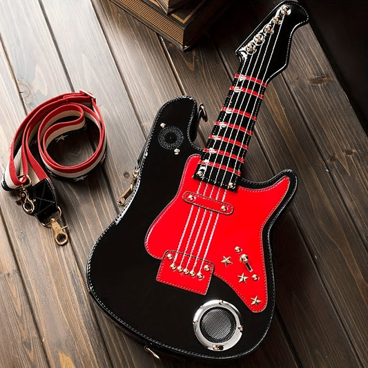 Electric Guitar Shaped Fashionable PU Crossbody Bag for Women, Solid Color, Detachable Shoulder Strap, USB Speaker, Zipper Closure, Polyester Lining, Edge Paint, Hip Hop Style, Detachable Strap, Electric Guitar Bag