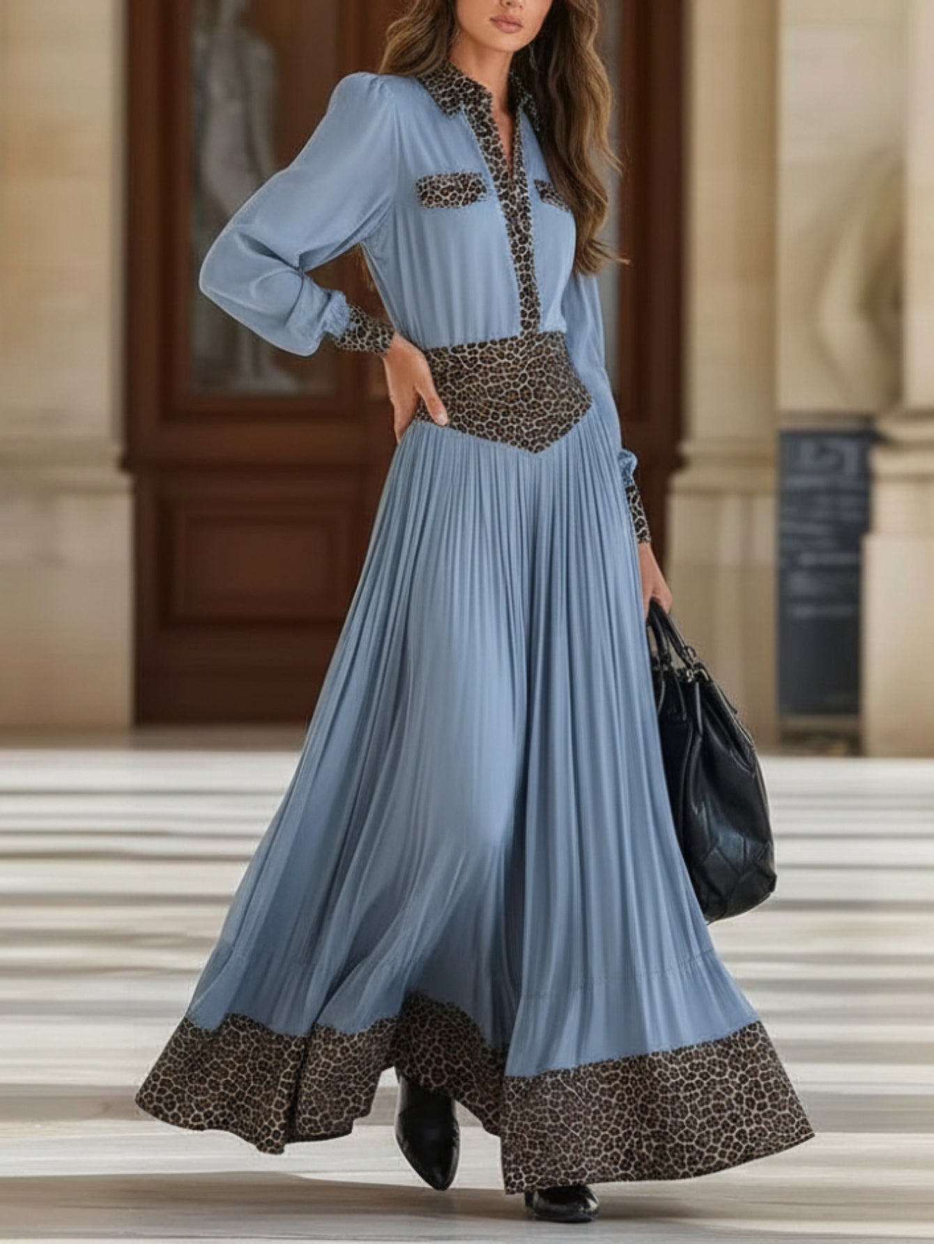 Women' Leopard Print -Neck Pleated Maxi Dress with Waist Definition - Vintage French Elegant Fitted Dress Suitable for Dates, Work & Social Events - Hand Washable Fall/Winter Long Dress