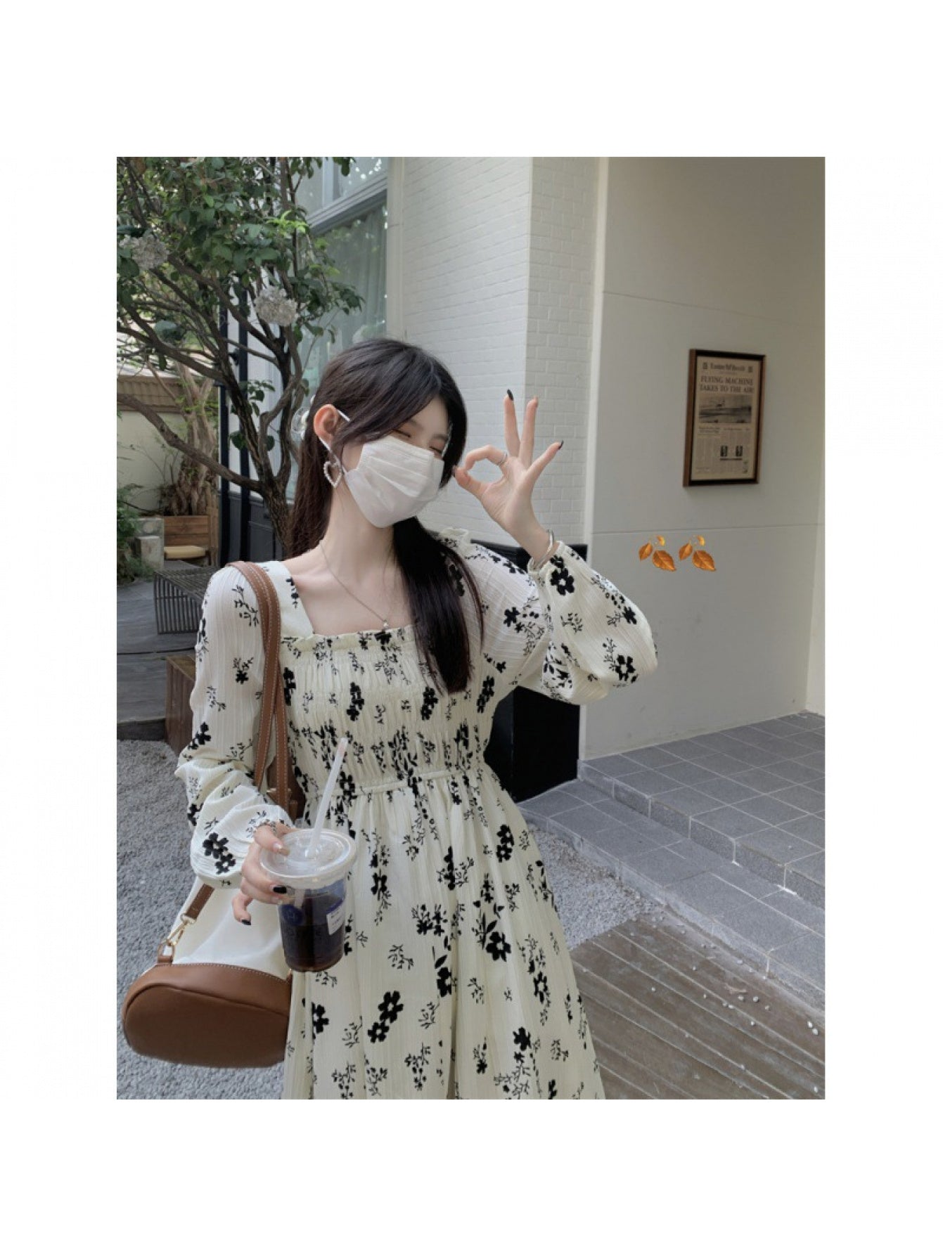 Dried Rose Floral Print Dress | New Women'S Autumn and Winter Fashion Long Dress, Square Neck, FB FENGBAY Brand