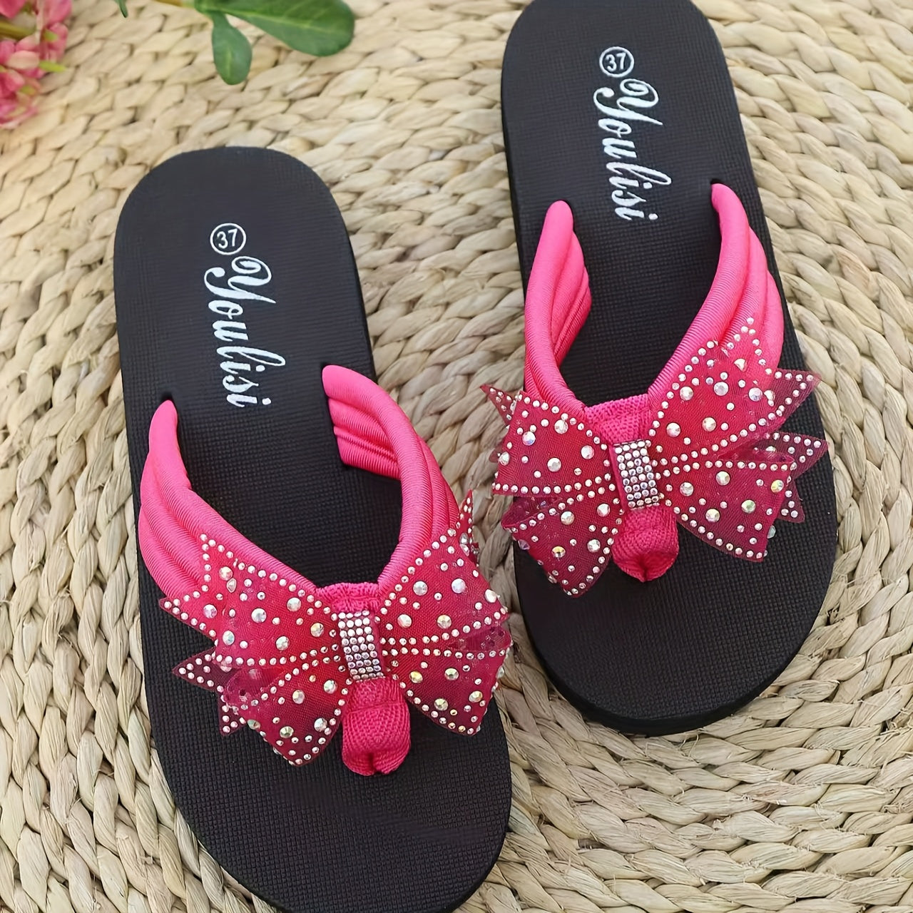 Women's Slip-On Rhinestone Sandals - Sparkling Toe Strap, Slip-Resistant EVA Sole - Pink Formal & casual Shoes for Parties, Beach, Casual Attire - Easy-Clean Women's Footwear, B Bow Detail, Fashionable Design