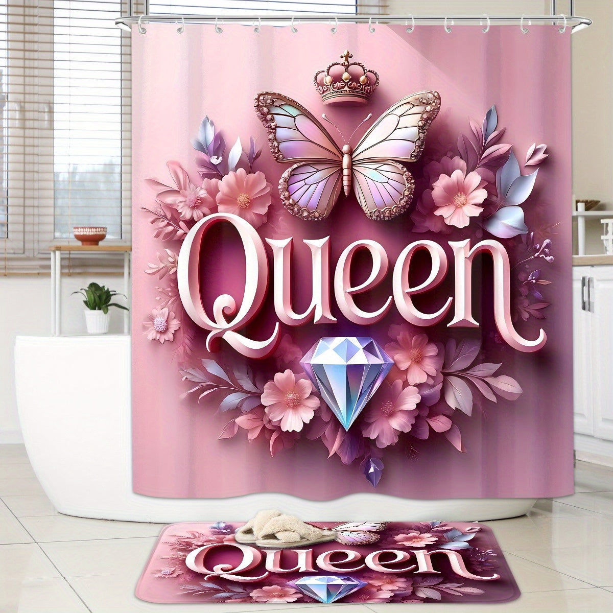 4pcs Queen Pattern Shower Curtain Set, Fashion Bathroom Curtain Set with 12 Hooks Included, Matching Anti Slip Mats & Toilet Covers, Modern Bathroom Accessories Ideal for Home Decor & Housewarming Gift