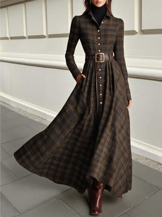 Brown-Black Plaid Collared Waist-Cinched Belt-Trimmed Flared Maxi Dress | Retro Elegant Temperament Style for Daily Outings, Formal Gatherings & Casual Dates, Perfect for Fall/Winter