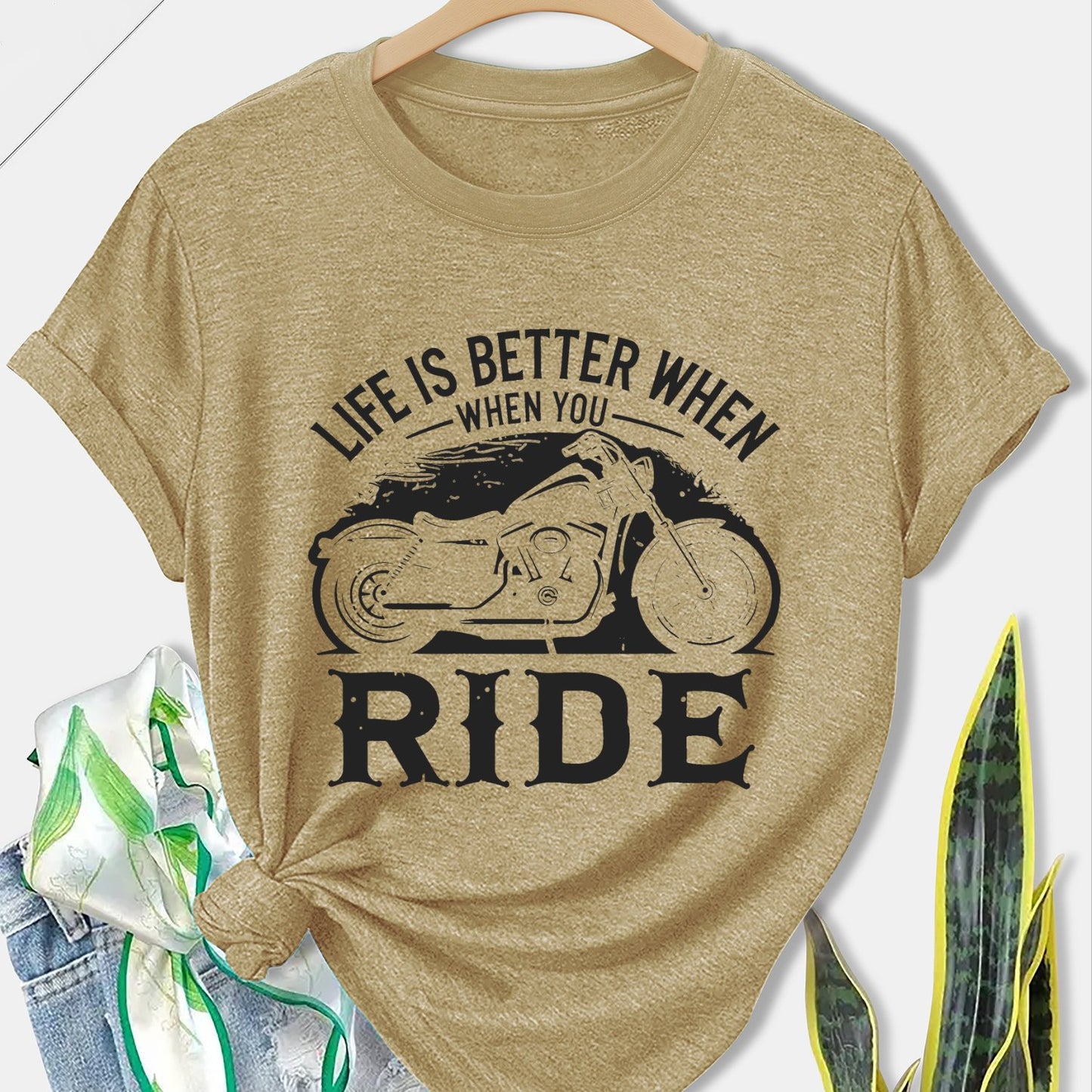 Women'S Motorcycle Graphic Long Sleeve T-Shirt - Turquoise Riding Slogan Print, Loose Fit Casual Top with Round Neck, All-Season Comfort for Motorcycle Enthusiasts, Outdoor Riding & Casual Attire, Breathable & Durable Apparel