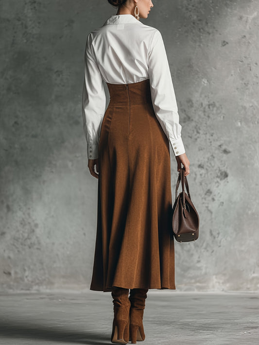 2pcs set: shirt top and buttoned A-line skirt for women | High-waisted flared design, suitable for work, social occasions, and vintage intellectual style
