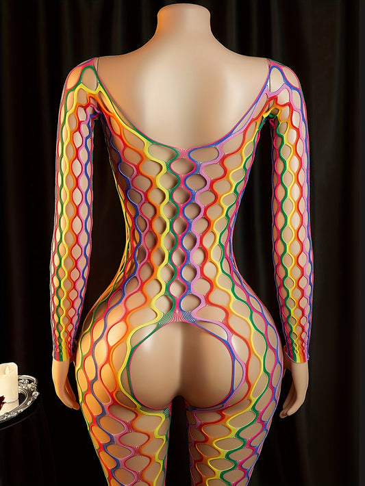 Rainbow colored hollow mesh jumpsuit for women, eye-catching, , sexy, rainbow colored hollow out love jumpsuit, super elastic open cut pantyhose, private date party outfit, Women's sexy stage performance outfit, Date Night We