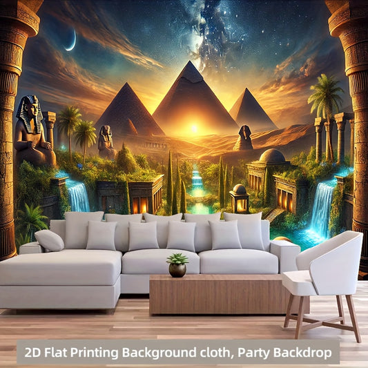 2D Flat, 1pc Egyptian Pyramid and Oasis Polyester 71x91 Inch Party Banner - No Power Needed, Easy to Hang Backdrop for Living Room, Bedroom, Office, Outdoor Durable Wall Decor, Garden Decoration, Home Decoration, Event Decora