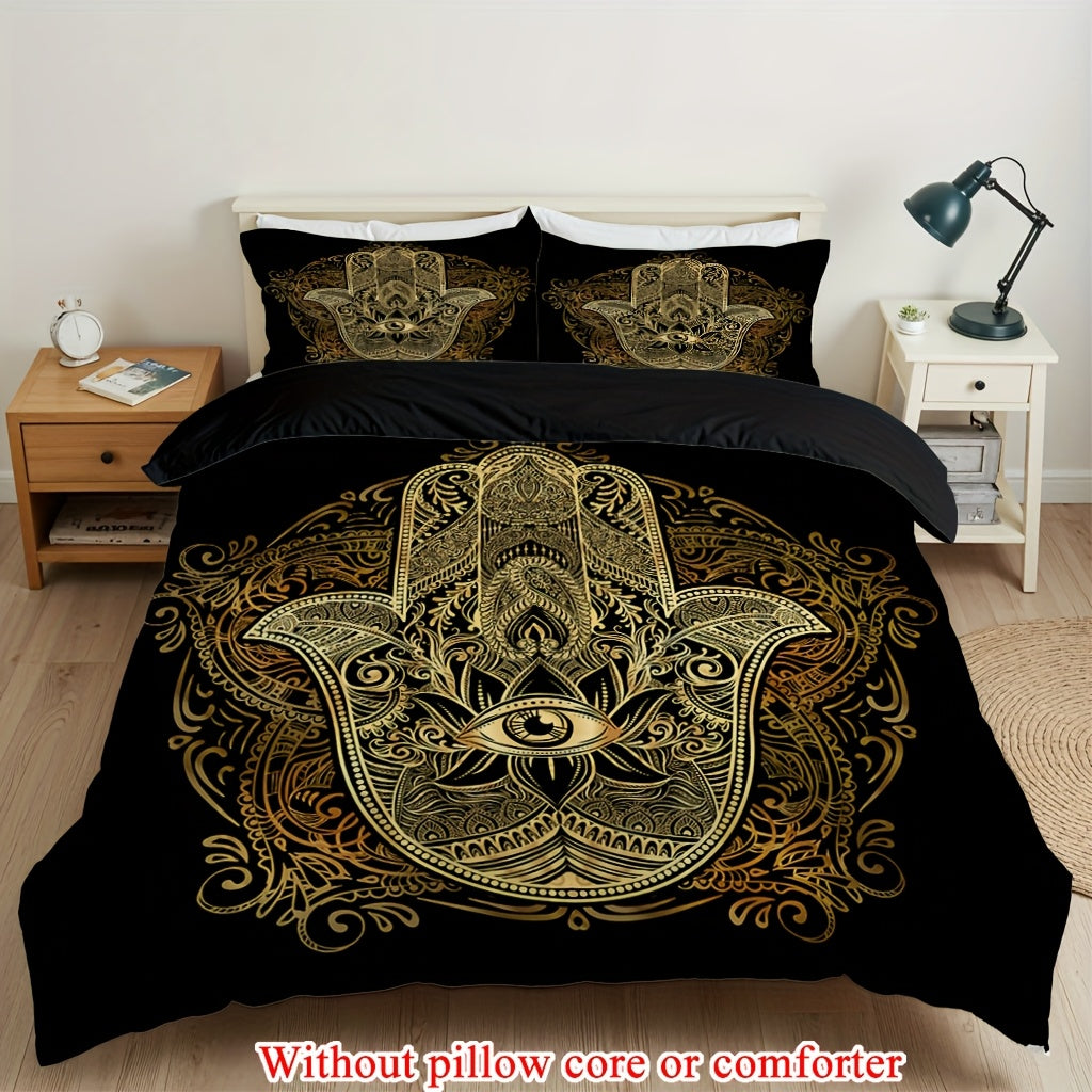 2/3pcs (1 Duvet Cover + 1/2 Pillowcase, Without Core)Mysterious Palm Eyes Striped Geometry Ancient Civilization Faith Print Soft Comfortable Bedding Set for Bedroom Dorm Room Family Gift