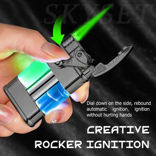 Butane Lighter with a Green Flame, a Versatile Featuring a Visible Window, Adjustable Flame Size, Wind-Resistant Design, Rocker Arm Ignition, And a Metal Casing. It'S a Stylish, Refillable Lighter That Does Not Include Butane