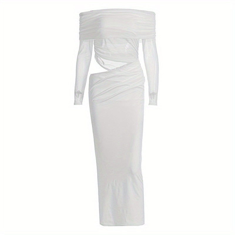 Women'S Elegant White Off-Shoulder - Mesh Long-Sleeve Mermaid/Trumpet Mermaid Maxi Dress - Sexy Sheer Formal Evening Gown with Waist-Cut Silhouette, Solid Color Party Wedding Gala Evening Dress for Women - Structured Fit & Fl