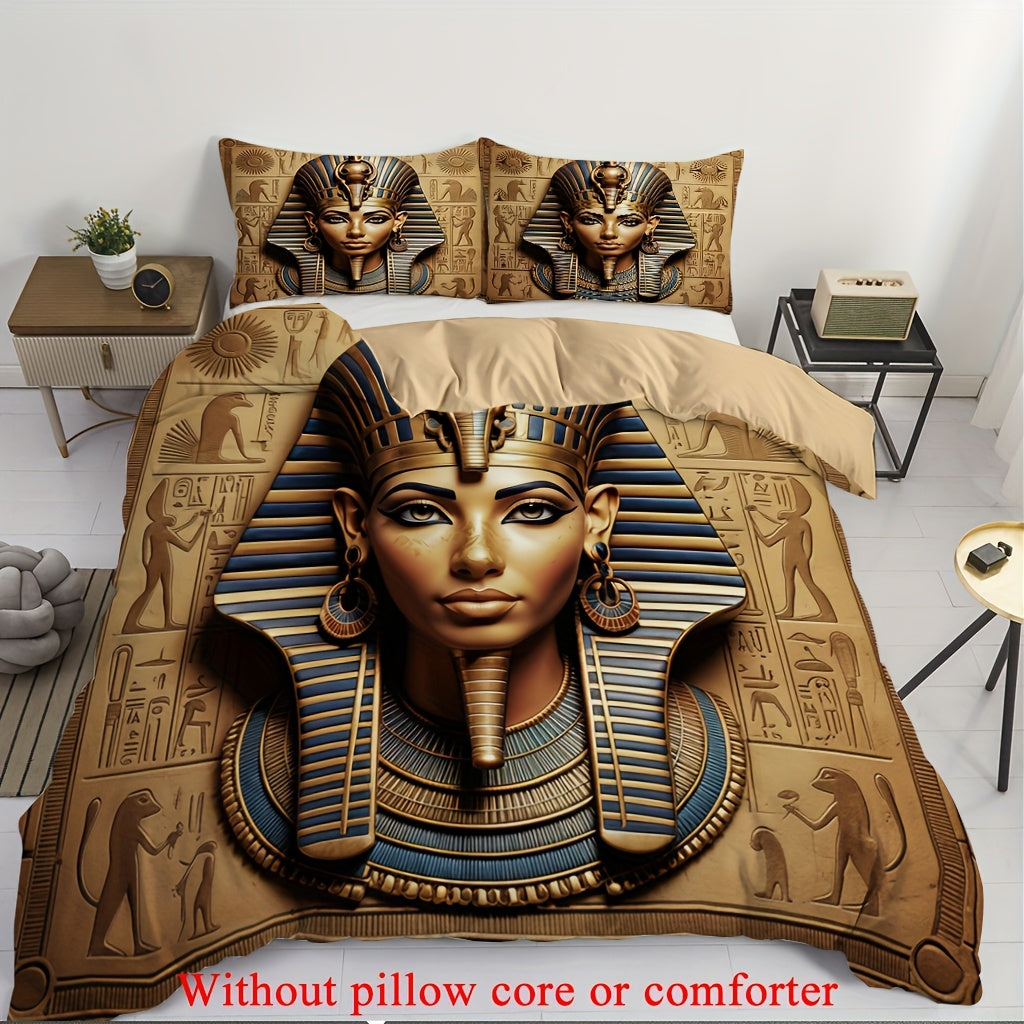2/3pcs (1 Duvet Cover + 1/2 Pillowcase, Without Core) Duvet Cover Set, 3D Visual Effects Retro Egyptian Ancient Civilization Sphinx Pharaoh Worship Pictography Mysterious Print Soft Comfortable Bedding Set for Bedroom Dorm Ro