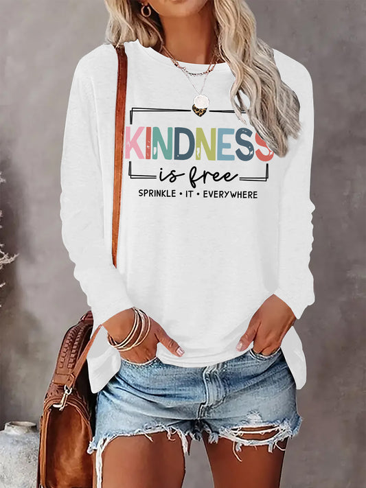 Women'S Casual Long Sleeve T-Shirt with "Kindness is Free" Print - Black Crew Neck, All-Season Comfort, Everywhere Tee, Everyday Tshirt | Graphic Tee | Comfortable Fit