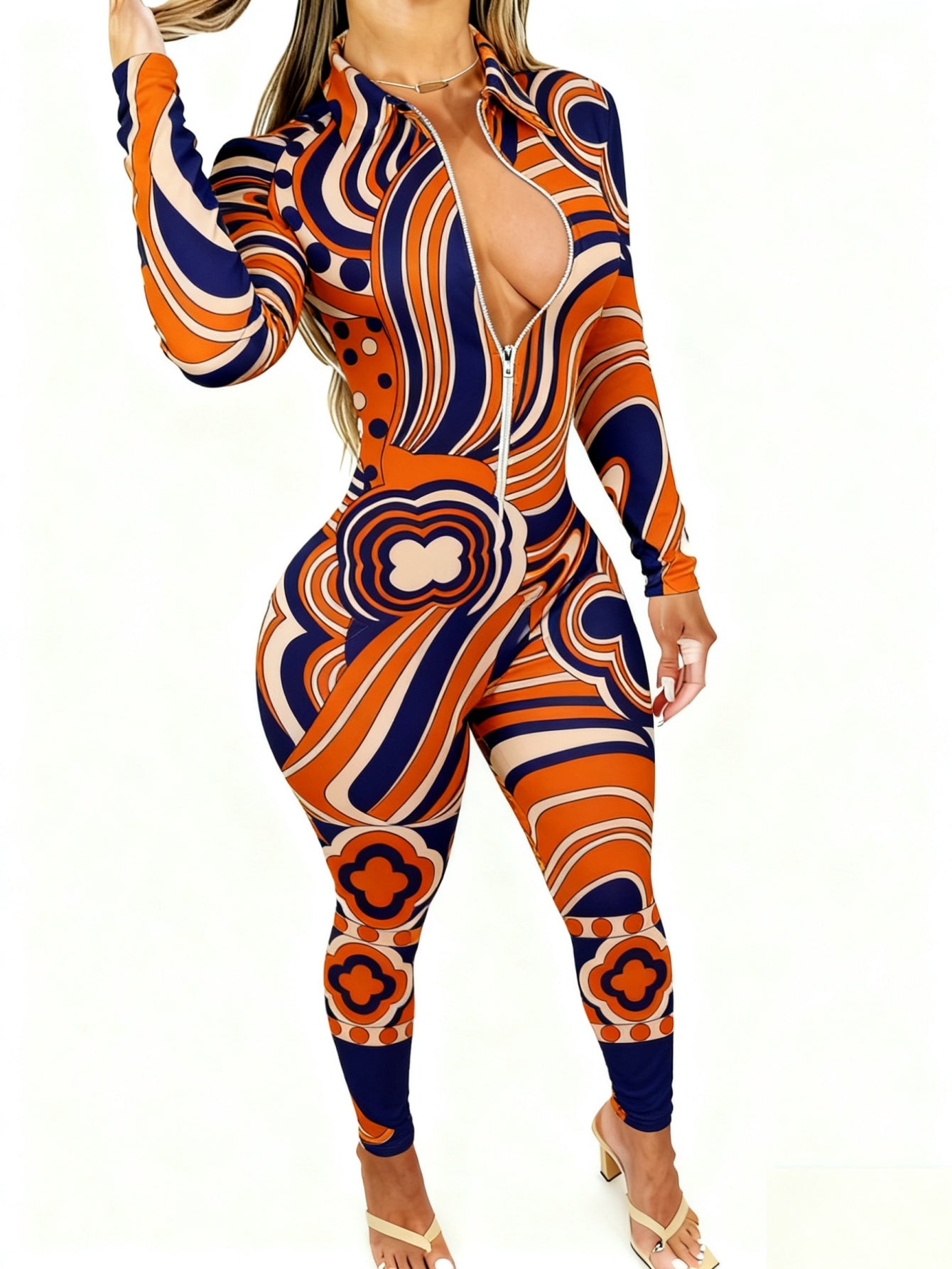 Women'S Allover Printed Jumpsuit - Long Sleeve with Zipper | Elegant Sexy, 4-Season Party & Special Occasion Outfit, Casual Style, All-Season Wear