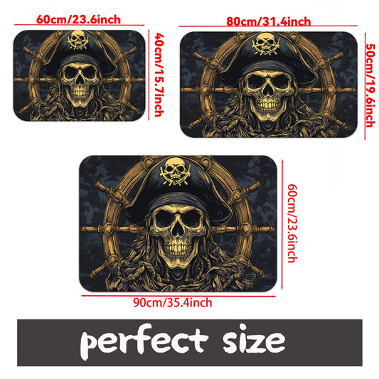 1pc Pirate Skull & Wheel Design Microfiber Absorbent Machine Washable Polyester Rug - Black & Golden Pirate Ship Wheel & Skull Motif, Durable Rectangular Floor Mat for Bathroom, Bedroom, Living Room Entrance, Home Decor, Bath