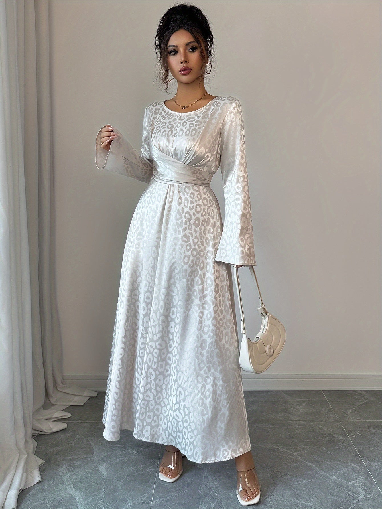 Maxi Dress for Women with Flared Sleeves And a Waist-Cinching Design in Light Golden Satin, Perfect for Evening Parties And Formal Events