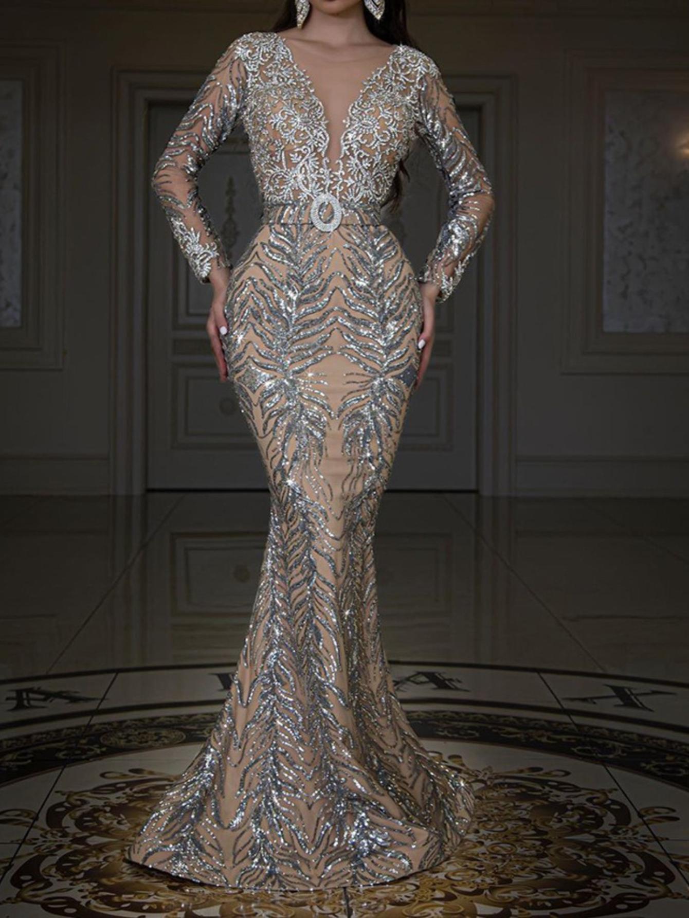 Hot Goldfish Tail Floor Mopping Evening Dress Women's Long Sleeve Slim Design Sexy Banquet Party Wedding Toast Dress Temperament Long Dress