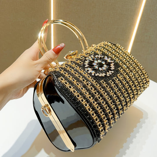 Glamorous Black & Golden Rhinestone Embellished Clutch with Detachable Strap - Sparkly Geometric Evening Bag for Parties, Banquets, and Formal Gatherings, Banquet Accessory | Polyester Construction, Party Purse