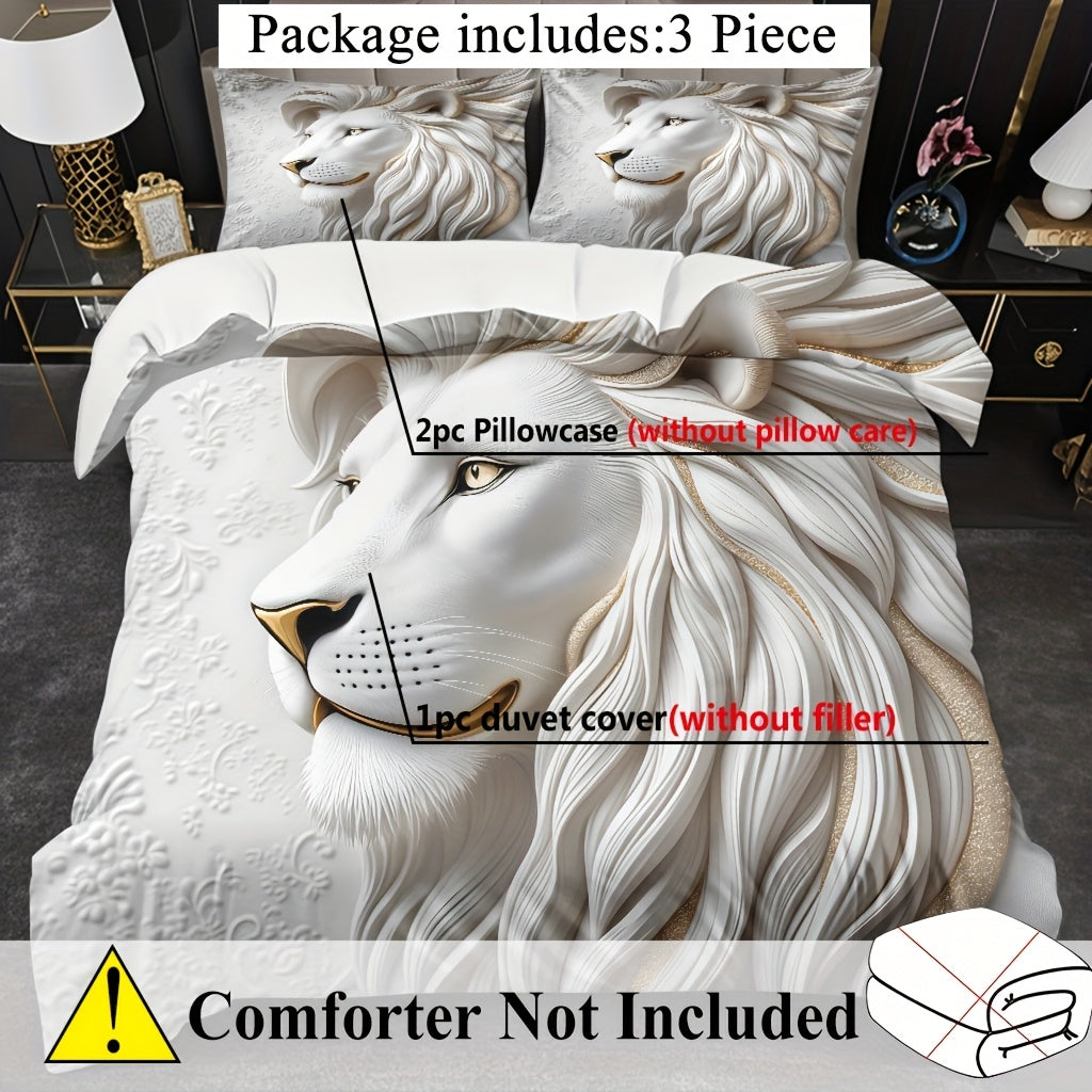White Lion Duvet Cover Set - Soft High-Definition Digital Print, Breathable Polyester, Machine Washable, Perfect Gift for All-Season Use, Includes 1 Duvet Cover & 2 Pillowcases, Ideal for Family And Friends