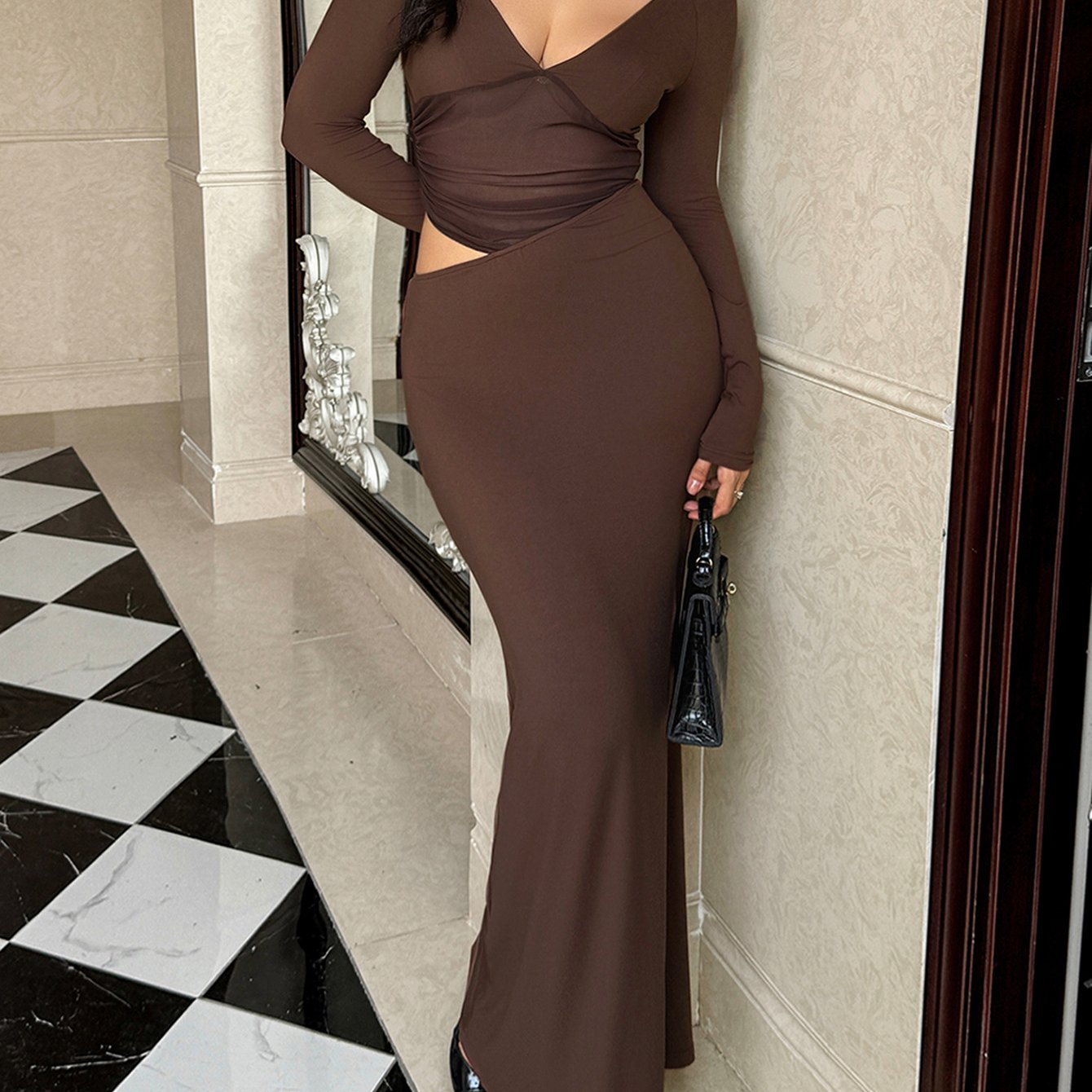 Women's Brown Mermaid Dress - Long Sleeve Deep V-Neck Maxi Dress with Waist Cut-Out & Sheer Panel, Tailored Fit Party Wedding Prom Evening Gown