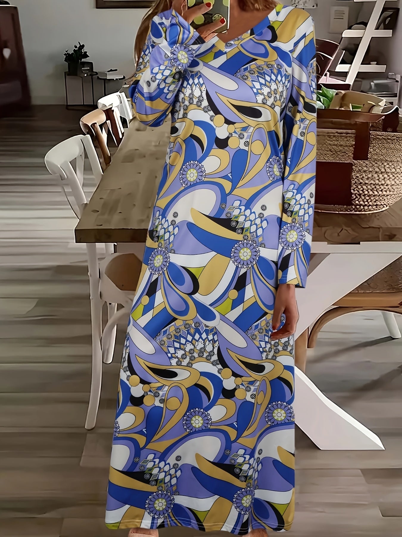 Women'S Elegant V-Neck Long Sleeve Dress - Blue & Yellow Floral Print, Fitted Silhouette, Machine Washable, All-Season Versatile Wear for Casual & Formal Occasions, Dress Blouses Elegant, Stylish Fabric Flow
