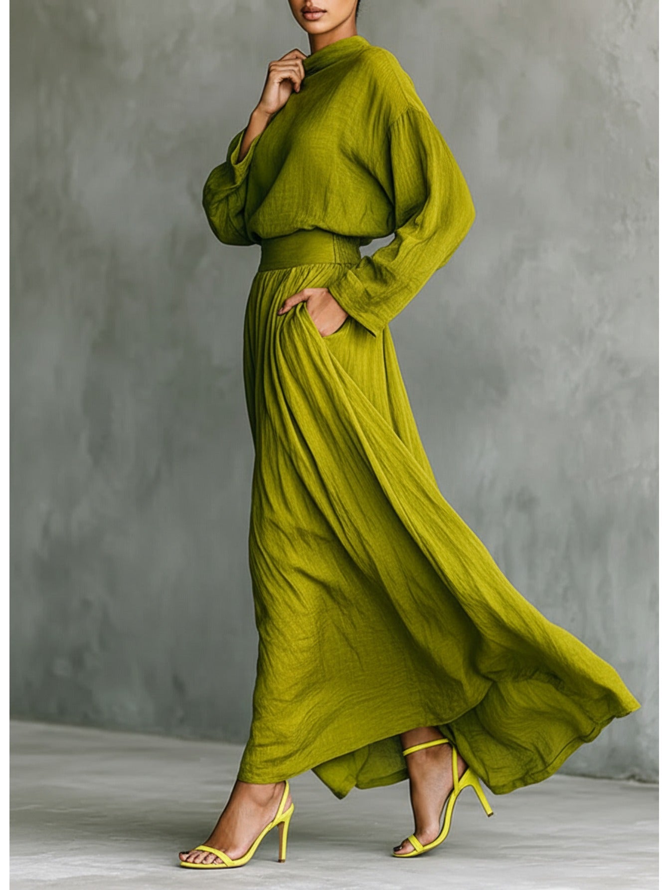 Yellow-Green High-Neck Loose-Fit Long-Sleeve Top + Wide-Hem Flowing Skirt Women's Elegant Set | Soft, Relaxed, and Effortless Vibe Perfect for Casual Outings & Lightly Sophisticated Commuting Looks