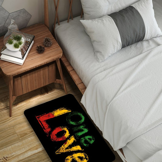 1pc "One Love" Reggae Peace Symbol Mat - Rastafarian Style, Vibrant Black with Multicolor Lettering, Machine Washable Polyester, Ideal for Bedroom, Living Room, Kitchen, Office, Bathroom Decor