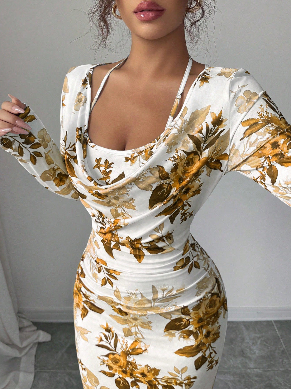 LUCKFOX Women's Clothing 2026 Waist and Thin Spring Early Spring Women's Clothing New Models, Daily Wear, Enjoy Elegant and Beautiful Printed Long Dress Temperament Slim One-word Shoulder Long-sleeved Dress Women Are Now