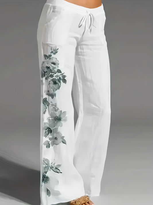 Women's Clothing - Floral Print Wide Leg Pants - Casual Loose Pants For Spring & Fall