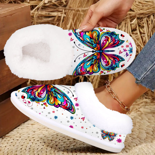 Women's Plush Butterfly Print Slip-On Slippers with Non-Slip Rubber Sole - Cozy Plush Indoor/Outdoor House Shoes, Winter Warm & Butterfly Wing Design (Pink/Blue/Purple/Green/Yellow) - Butterfly-Themed Gift for Grandma, Mom,