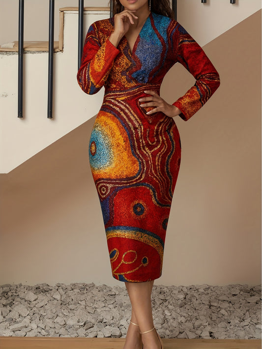 Women'S Retro Paisley Print Maxi Dress - Deep V-Neck Long Sleeve A-Line Winter Dress with Waist Accent, Vibrant Multicolor (/Orange/Red/Green/Purple) for Parties, Gatherings & Formal Events - Elegant Fall Winter Outfits, Wint
