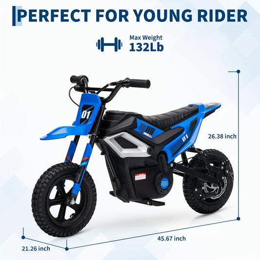 24V 350w Kids Ride On Motorcycle, 13.6MPH Max Speed, Mini Dirt Bike with Rear Wheel Suspension, Music, 12 Miles Range, Twist Grip Throttle, Seats, Blue