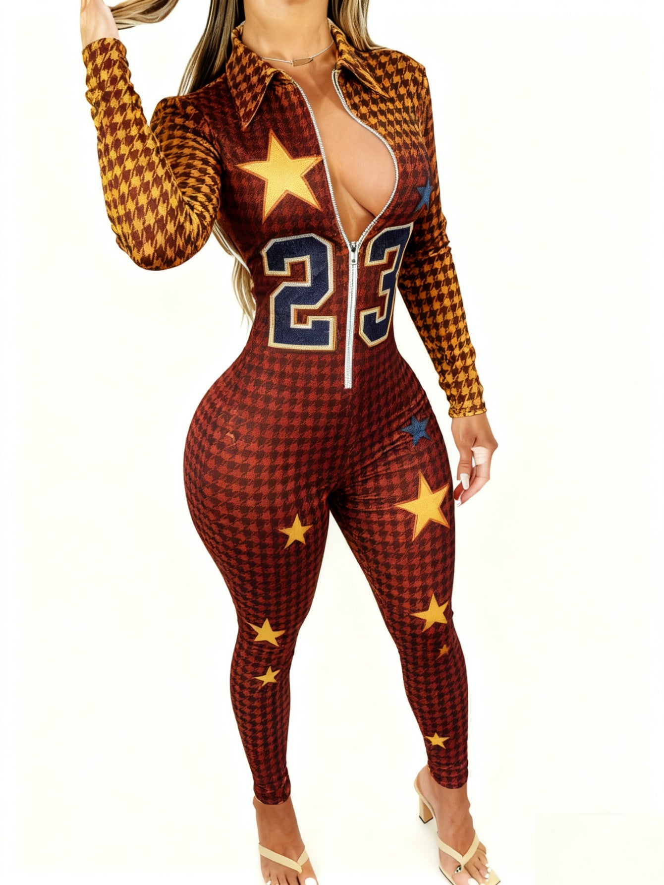 Plus Size - Women'S Sexy V-Neck Jumpsuit | Zipper Closure, Fashion Printed, Versatile for Party, Club & Daily Wear, 4-Season Fashion Outfit, Lapel Collar, Slight Stretch Fabric