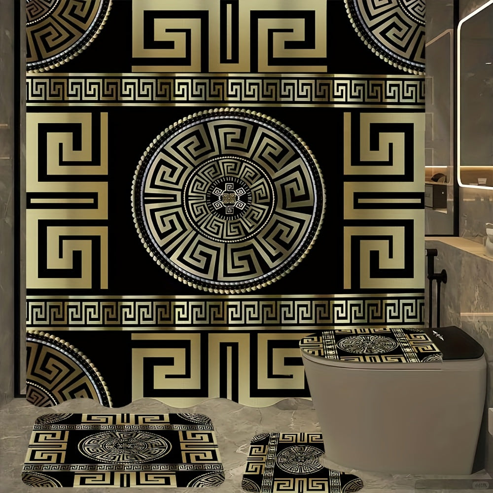 1/4pcs Golden Glitter, Geometric Pattern Bathroom Set, High Quality and Multifunctional Shower Curtain with 12 Hooks, Nonslip Bathroom Mat, Ushaped Toilet Mat, Toilet Seat Mat, Bathroom Decoration, Bathroom Partition, Room De