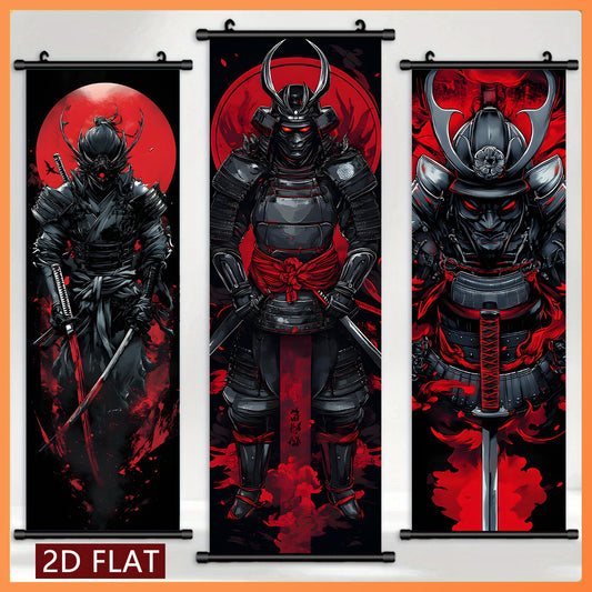 Black and Red 3pcs Set of Japanese Samurai Battle Scroll/Hanging Scrolls, Oriental Classical Style Decorative Art with Armor & Weapon Elements, Symmetrical Composition and Metal Ornament Details, Suitable for Living Room, Tea