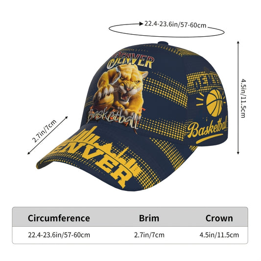 Trendy Structured Baseball Cap Featuring a Full-Print Design of a Golden Lion in a Basketball Style, Complemented by a Navy And Golden Polka Dot Stripe Texture