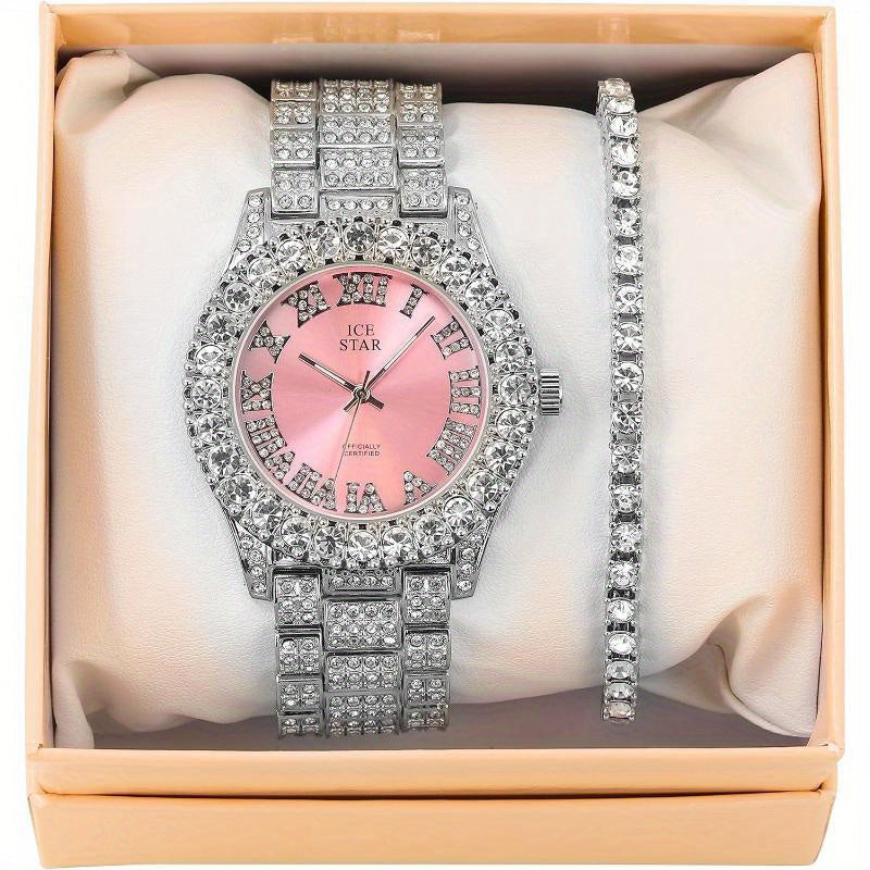 Womens Iced Solitaire Bezel Watch & Tennis Bracelet Set, 44mm Case, Women'S Jewelry Set, Gift for Her, Luxury Accessories, Sophisticated Style, Chic Design, Durable Bracelet, Highquality Jewelry, Matching Set, Bracelet And Wa