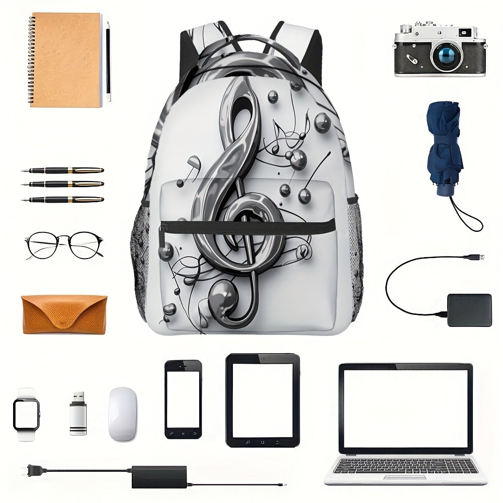 1pc Trendy Music Notes Printed Backpack - Durable 2D Flat Design with Studded Detail, Black & White, Perfect for School, Work, and Outdoor Activities, Backpack for School