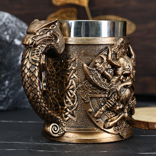 A Viking relief mug, a medieval European Viking beer mug made of stainless steel, with a large capacity of 20.3oz, a powerful Viking warrior coffee cup, a bar specialty cup, and a gift giving for daily life